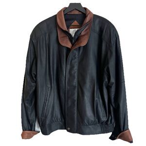 Remy Double Collar Bomber Jacket Size 40 Black Brown Lambskin Oiled Leather